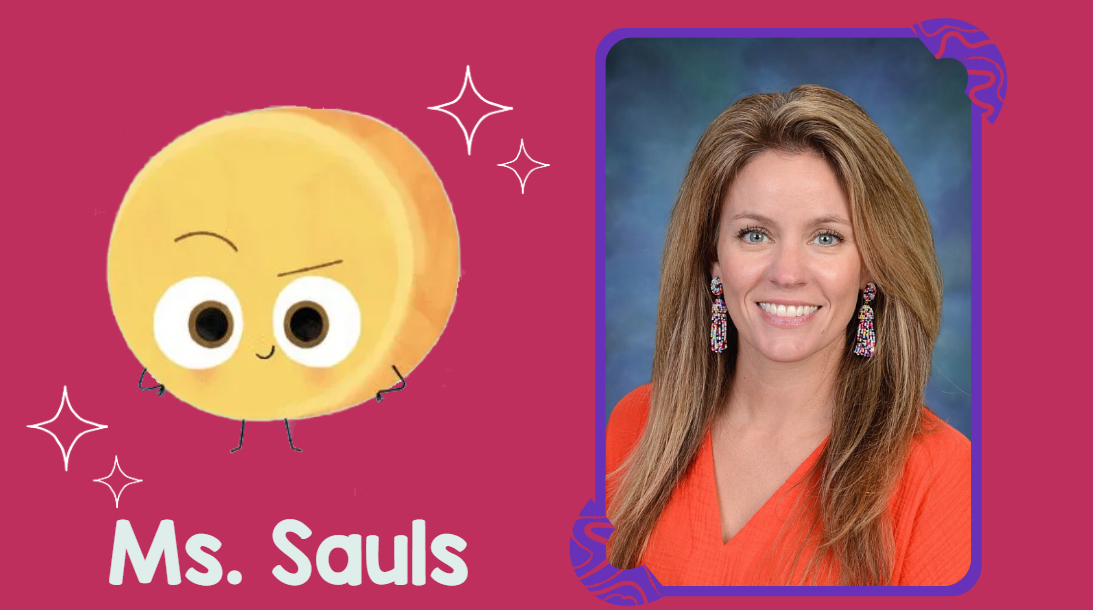 Ms. Sauls and a Big Cheese character