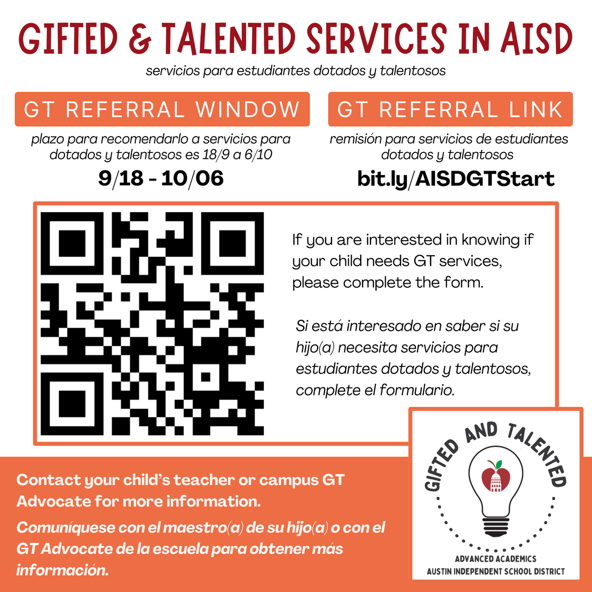 Gifted and Talented QR Code and Window Opening 9/18