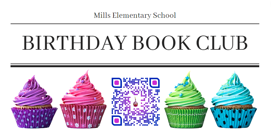 Birthday Book Club Logo with Cupcakes and a QR code sending you to School Cash Online