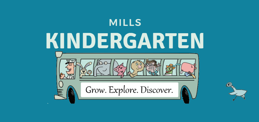 Mills Kindergarten Logo with the Characters from Mo Willems on the Bus