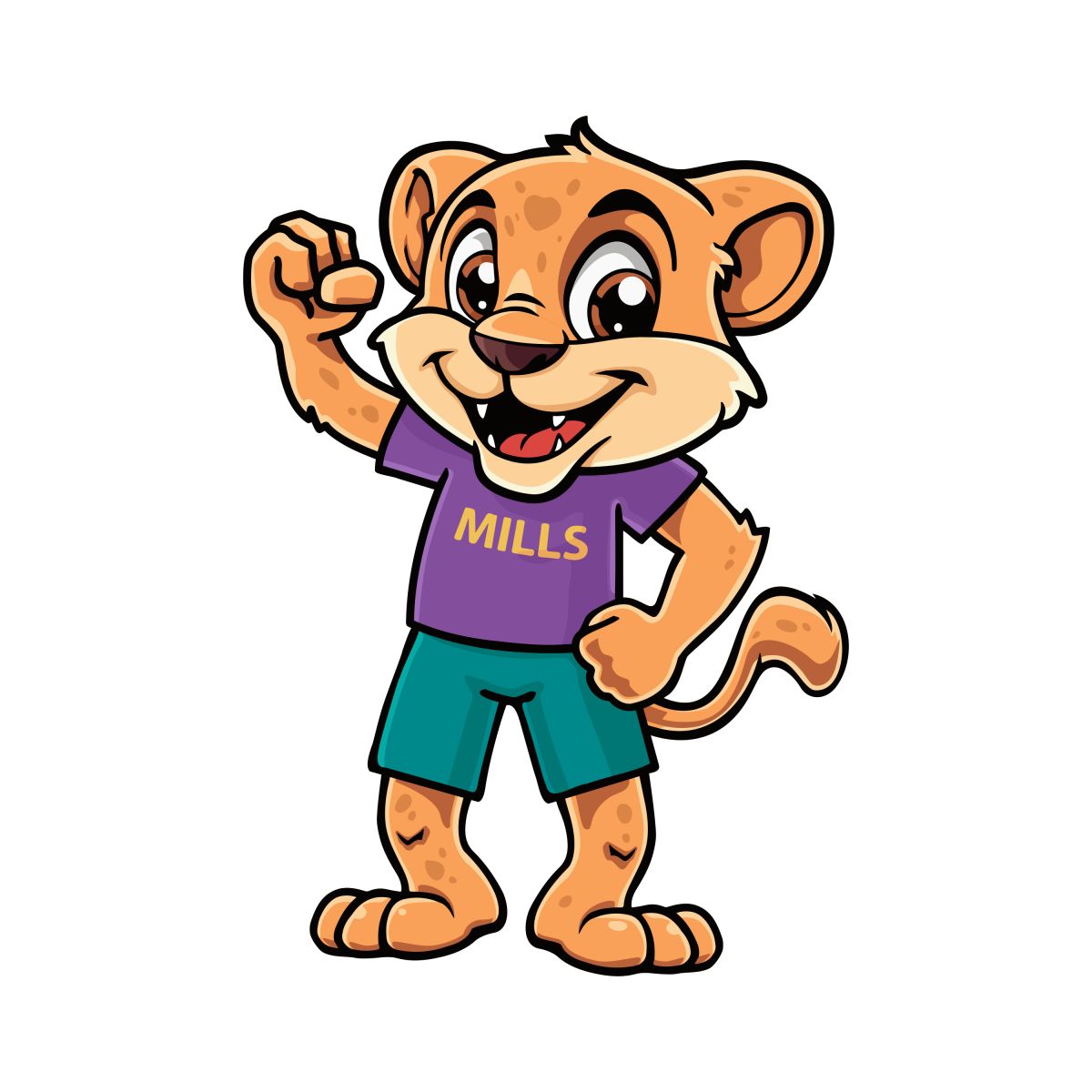 Milo the Mountain Lion with wearing a shirt that says Mills on it