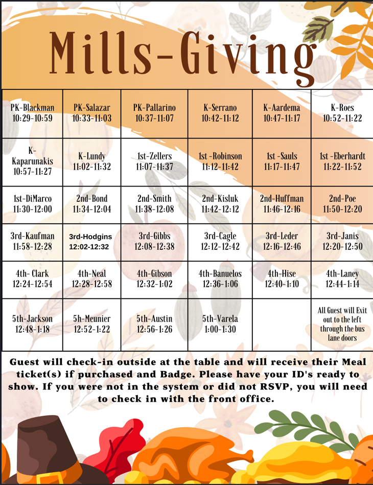 Millsgiving Schedule of Classes