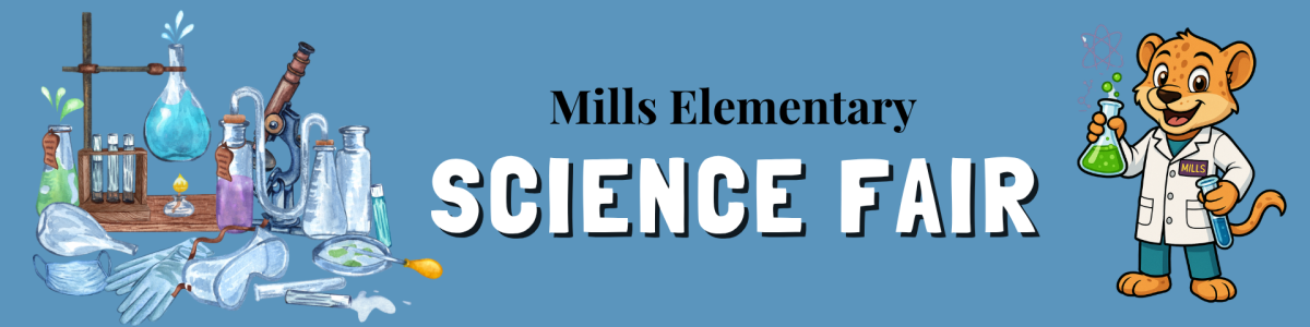 Mills Science Fair with Milo the Mountain Lion holding a beaker
